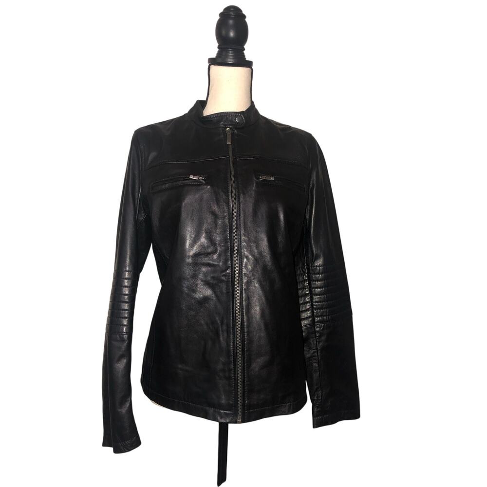 Benetton Leather Biker Jacket Size M Black Motocross Style Moto Girl Edgy Glam